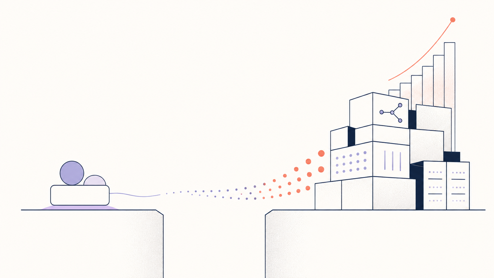 A small developer workstation on one cliff, an enterprise data-center skyline on another, with a stream of tokens crossing the gap between them.